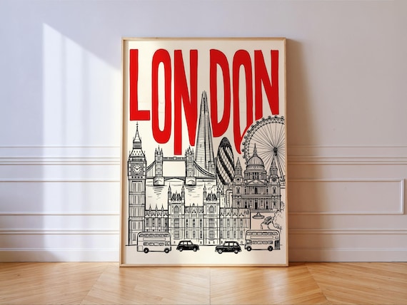 London Wall Art Red Typography Skyline Travel Poster Print