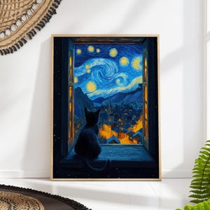 Starry Night Cat Poster, Van Gogh Celestial Wall Art, Window Dream Print