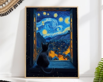 Starry Night Cat Poster, Van Gogh Celestial Wall Art, Window Dream Print