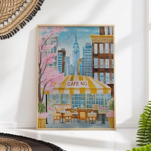 Cozy New York Cafe Art Print - NYC Coffee Shop Decor - Yellow Awning Street Scene - Spring Urban Wall Art - Watercolor Cityscape