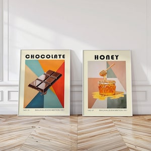 Chocolate & Honey Bauhaus Poster Set • Mid-Century Modern Kitchen Wall Art • Geometric Food Illustration Prints