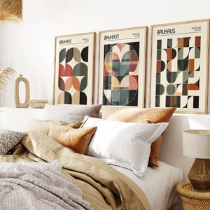 Set of 3 Earth Tone Terracotta Bauhaus Posters Abstract Wall Art Midcentury Modern