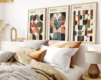 Set of 3 Earth Tone Terracotta Bauhaus Posters Abstract Wall Art Midcentury Modern