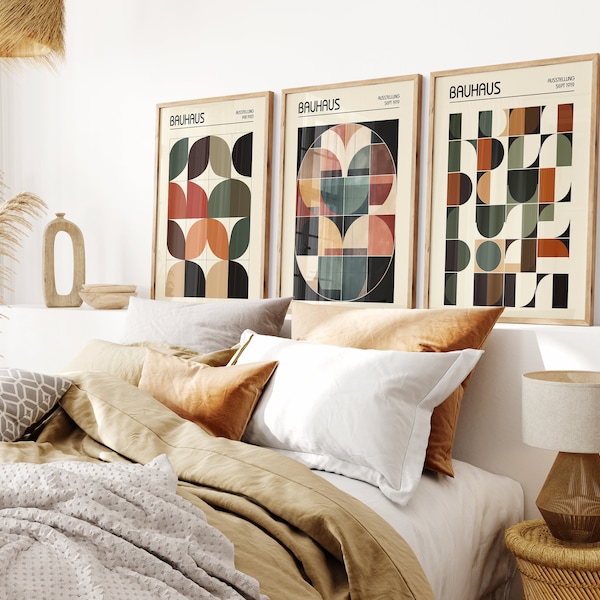 Set of 3 Earth Tone Terracotta Bauhaus Posters Abstract Wall Art Midcentury Modern