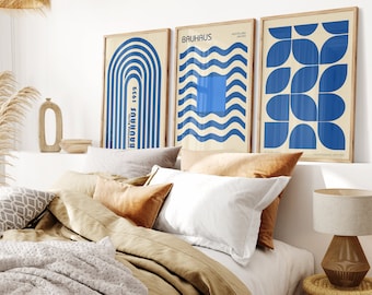 Set of 3 Blue Abstract Wall Art Bauhaus Posters Midcentury Modern