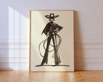 Modern Cowgirl Sketch Print: Brown Ink Western Art