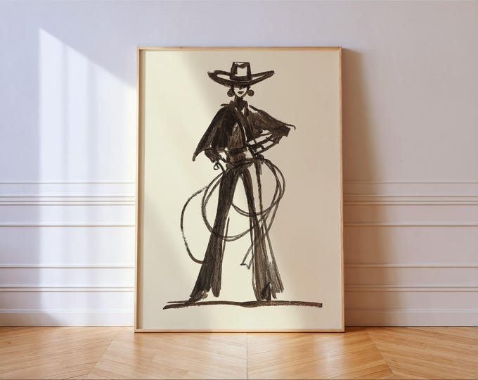 Modern Cowgirl Sketch Print: Brown Ink Western Art