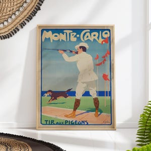Monte Carlo Hunting Poster - Vintage Travel Art - French Riviera Decor - Pigeon Shooting Print - Retro Wall Art