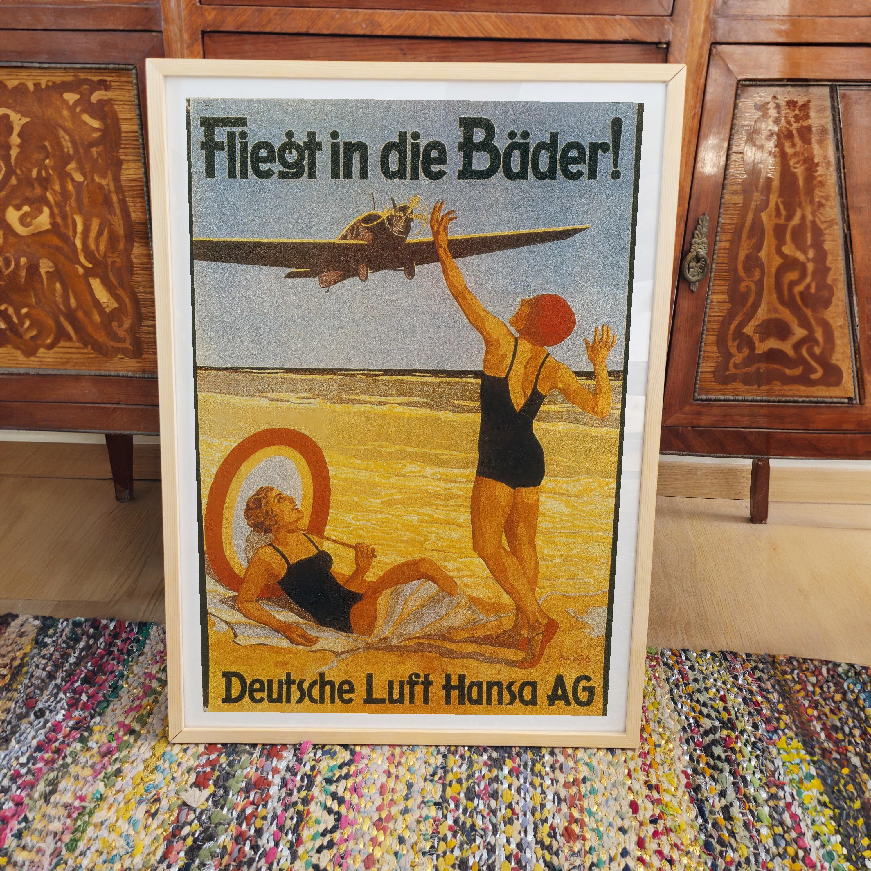 Vintage German Travel Poster: Beach & Airplane Art, Mid-Century