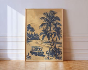 Tropical Surf Van Beach Linocut Print: Navy Gold Coastal Wall Art Poster
