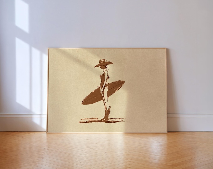 Cowgirl Surfer Surf Print — Brown Western Beach Decor with Clean Minimal Lines
