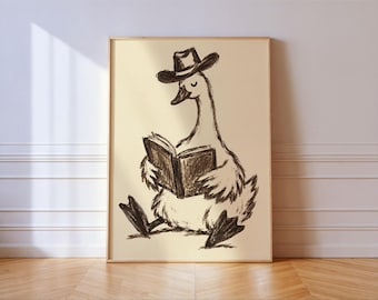 Goose in Cowboy Hat Reading Book Print, Brown Charcoal Sketch