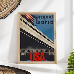 Vintage Ocean Liner Travel Poster - Around the World Cruise Art - Nautical Wall Print - Art Deco Ship Illustration - Retro Maritime Decor