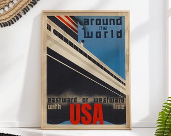 Vintage Ocean Liner Travel Poster: Art Deco Nautical Print