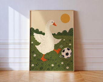 White Goose Kicking Soccer Ball Print, Green Meadow Illustration