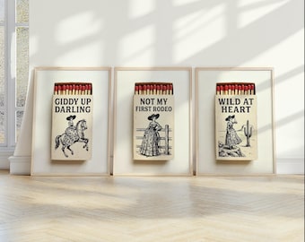 Cowgirl Matchbox Art Print Set of 3 Western Wall Art Poster
