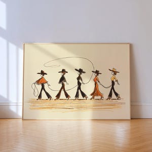 Line Dancing Cowgirls Art Print – Western Wall Art, Boho Cowgirl Decor image 1