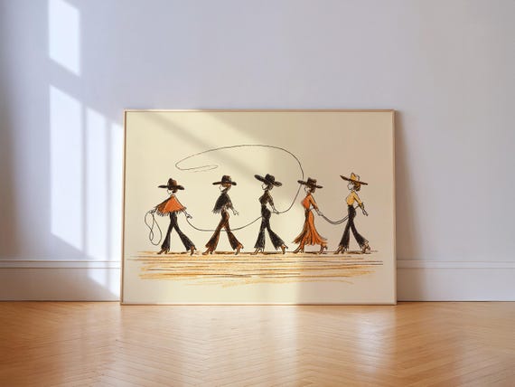 Line Dancing Cowgirls Art Print – Western Wall Art, Boho Cowgirl Decor