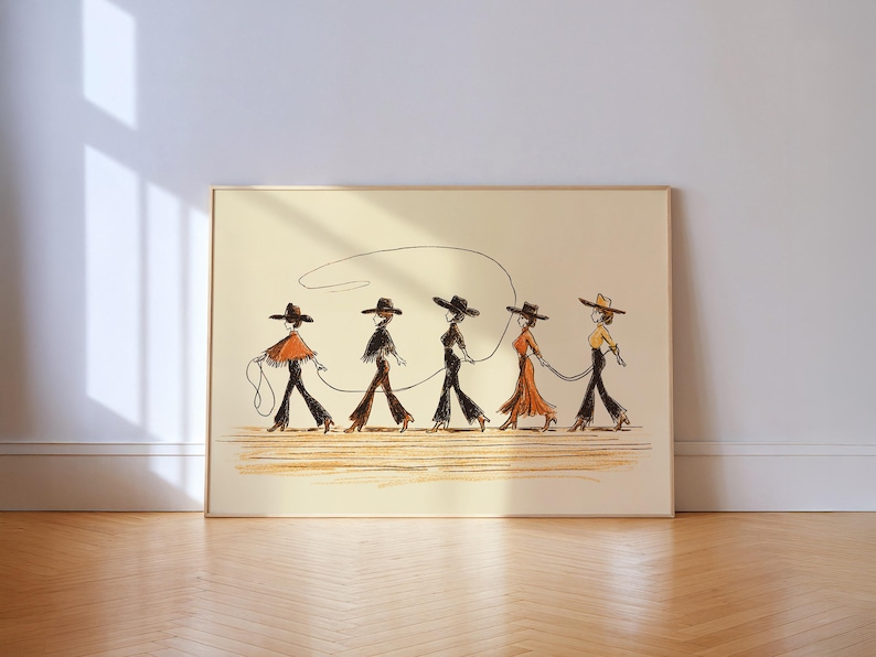 Line Dancing Cowgirls Art Print – Western Wall Art, Boho Cowgirl Decor image 1