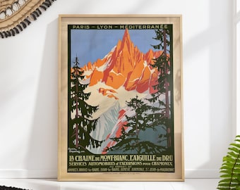 Vintage Chamonix Travel Poster Print, Mont Blanc French Alps, Retro Mountain Art Print