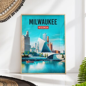 Milwaukee Wisconsin Travel Poster, Modern Cityscape Wall Art, Skyline Decor, Midwest Travel Print