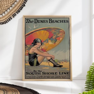 The Dunes Beaches Vintage Travel Poster - Train Railroad Art - Retro Beach Decor - Summer Coastal Wall Art