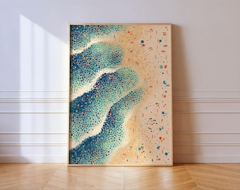 Aerial Beach Pointillism Print: Dot Art Ocean Swimmers Summer Wall Art