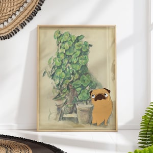 May include: A framed botanical print featuring a watercolor illustration of a leafy green plant in a pot. A cartoon pug dog is on the right side of the frame. The frame is made of light-colored wood. The background is a light beige color.