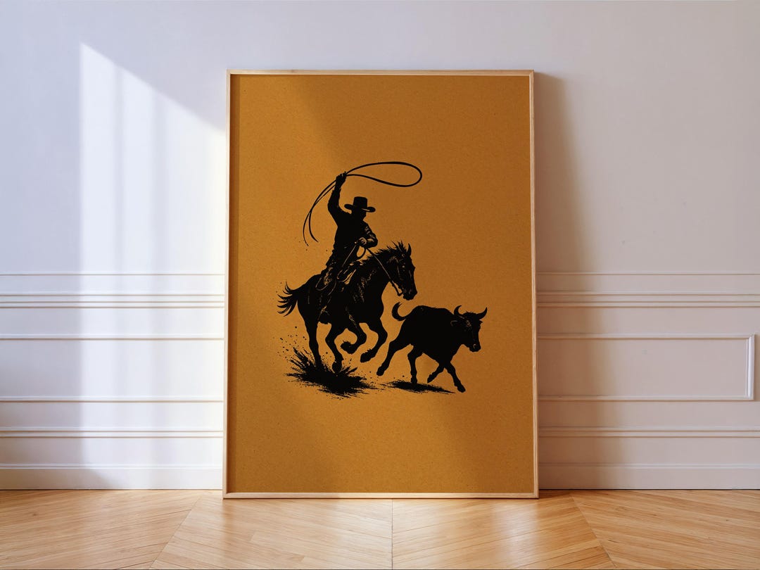 Cowboy Roping Wall Art Print, Rodeo Bull Western Poster, Rustic Ranch ...