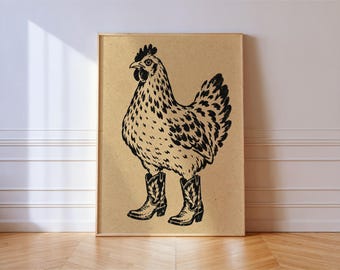 Hen in Cowboy Boots Linocut Print, Black Ink on Kraft