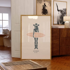 Desert Surf Cowgirl Print Howdy Aloha Poster Coastal Wall Decor PRINTED & FRAMED