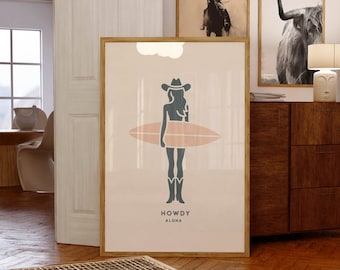 Desert Surf Cowgirl Print Howdy Aloha Poster Coastal Wall Decor PRINTED & FRAMED