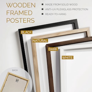 Op de afbeelding: Vier houten fotolijsten in verschillende kleuren: zwart, naturel, donkerbruin en wit. De lijsten zijn op elkaar gestapeld, met de zwarte lijst bovenop. De tekst "WOODEN FRAMED POSTERS" staat bovenaan de afbeelding. De tekst "MADE FROM SOLID WOOD", "ANTI-UV PLEXIGLASS PROTECTION" en "READY-TO-HANG" staat onder de titel. De tekst "BLACK", "NATURAL", "DARK" en "WHITE" staat op de lijsten. De achterkant van een lijst is te zien in de linkerbenedenhoek van de afbeelding.