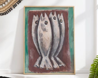 Mid Century Sardines Wall Art - Vintage Fish Kitchen Print for Coastal Decor
