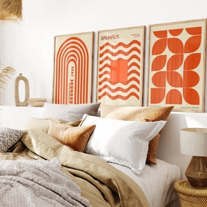 Set of 3 Orange Abstract Wall Art Bauhaus Posters Midcentury Modern