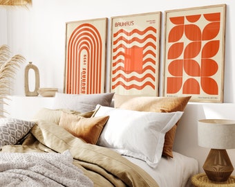 Set of 3 Orange Abstract Wall Art Bauhaus Posters Midcentury Modern