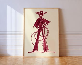 Burgundy Cowgirl Art Print – Minimal Western Line Drawing Wall Decor