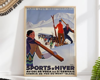 Vintage Mont Blanc Winter Ski Poster, French Alps Skiing Print, Retro Mountain Wall Art