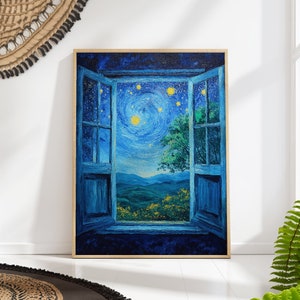 Starry Night Window View Art Print - Van Gogh Inspired Landscape Wall Decor PRINTED on Luxury Paper
