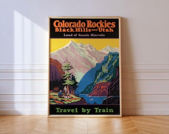 Colorado Rockies Travel by Train Vintage Poster: Mountain Railway Wall Art Print
