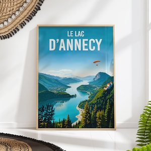 Annecy Lake Travel Poster Scenic French Alps Art Paragliding Adventure Poster