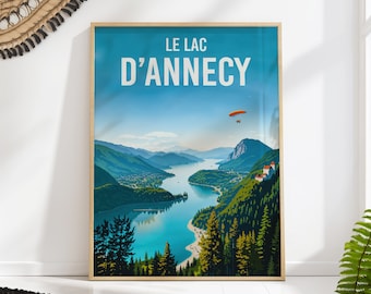 Annecy Lake Travel Poster Scenic French Alps Art Paragliding Adventure Poster
