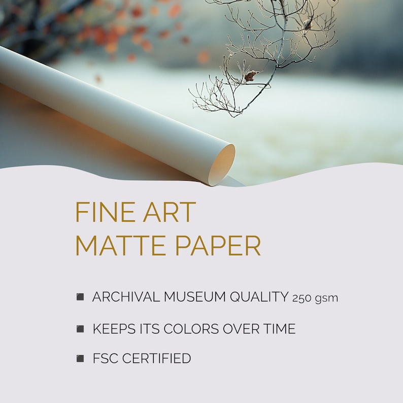Op de afbeelding: Een rol fine art mat papier met de tekst "FINE ART MATTE PAPER" en de volgende kenmerken: Archivaal museumkwaliteit 250 gsm, behoudt zijn kleuren in de tijd, FSC-gecertificeerd.