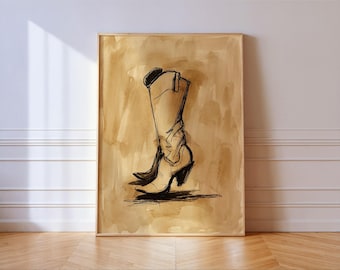 Cowgirl Boot Art Print Western Ink Sketch Sepia Wall Art Poster