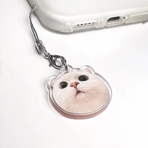 May include: A clear acrylic phone charm featuring a white cat face with black eyes and a pink nose. The charm is attached to a silver-colored lanyard and a phone case.