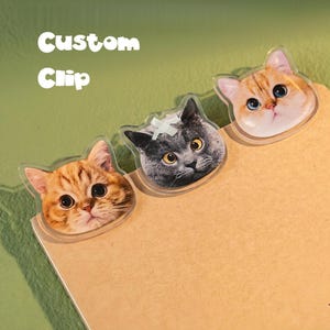 Puede incluir: Tres clips personalizados con forma de gato están adheridos a una superficie de papel marrón. Los clips presentan caras de gato realistas en atigrado naranja, gris y naranja y blanco. El texto "Custom Clip" está en blanco, encima de los clips.