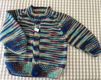 Hand Knitted Blue nature Babies/ Infants Cardigan. 9-12 months