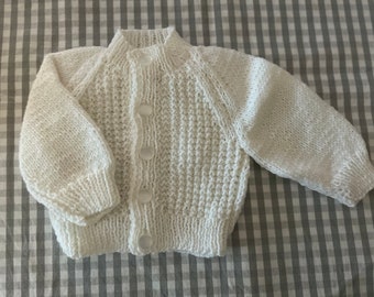 Hand Knitted White Babies/ Infants Cardigan. Newborn