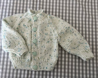 Hand Knitted Pale Blue/ Green Fleck Babies/ Infants Cardigan. Newborn