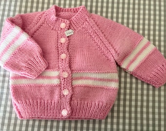 Hand Knitted Pink and White Babies/ Infants Cardigan. 3-6 months